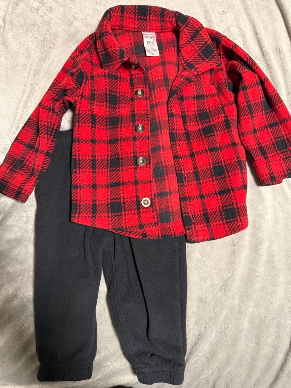 Carter's Red and Black Plaid Button-Up Jacket with Black Pants